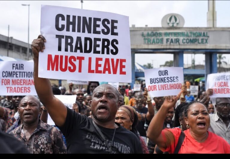 TRADERS AT LAGOS TRADE FAIR COMPLEX PROTEST ALLEGED CHINESE RETAIL EXPANSION AND COMPETITION